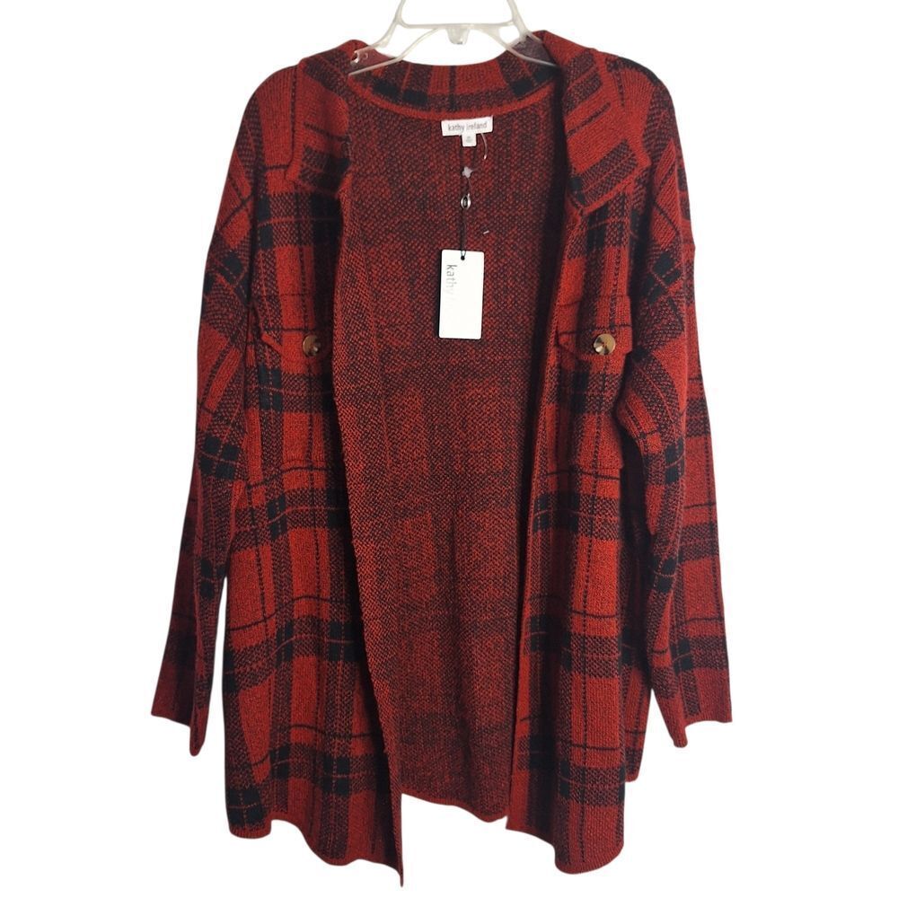 kathy ireland Open Front Sweater Plaid Knit Layering Casual 2X Womens